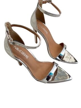 Public Desire Silver Stiletto High Heels with Ankle Strap Size 7